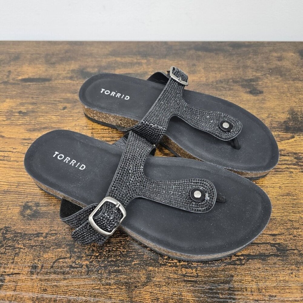 Torrid Womens Size 8WW Rhinestone T-Strap Cork Flats Shoes Black Slip On Thongs